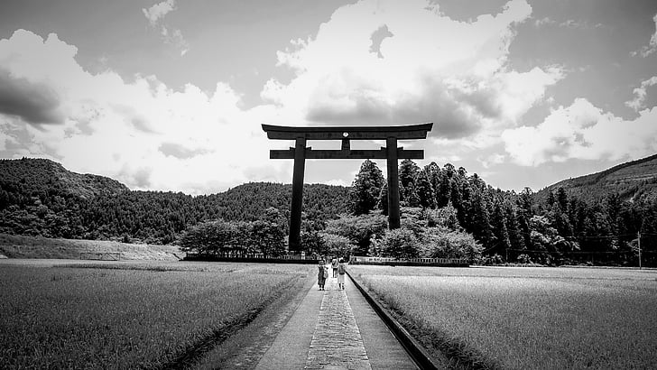 black white, countryside, field, japan, japanese, temple, cloud - sky