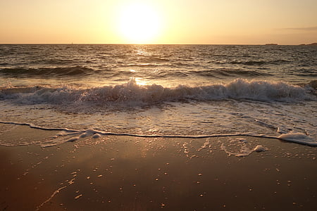 naplemente, tenger, óceán, nyugodt, vitorlások, Bretagne-i, Atlanti-óceán