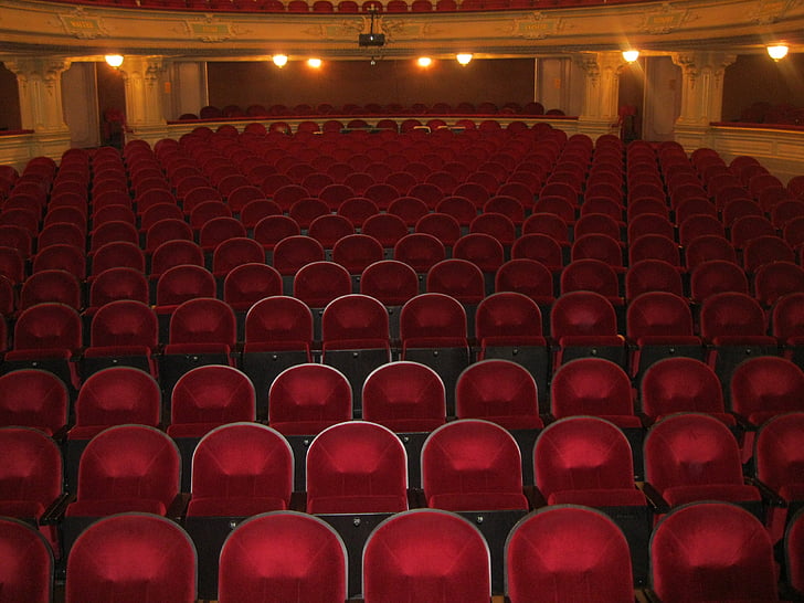 divadlo, sedenie, publikum, očakávania, príležitosť, červená, Stolička