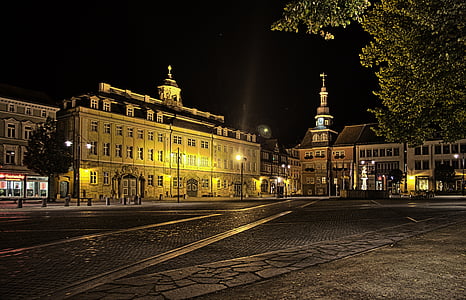 Eisenach, tirgus, Tīringenes federālā zeme Vācijā, tirgus laukums, Vācija, naktī, izgaismotas