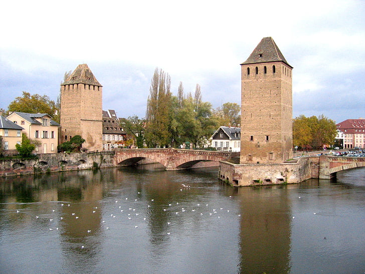 Strasbourg, Bridge, Torres, sjön, floden, Europa, arkitektur