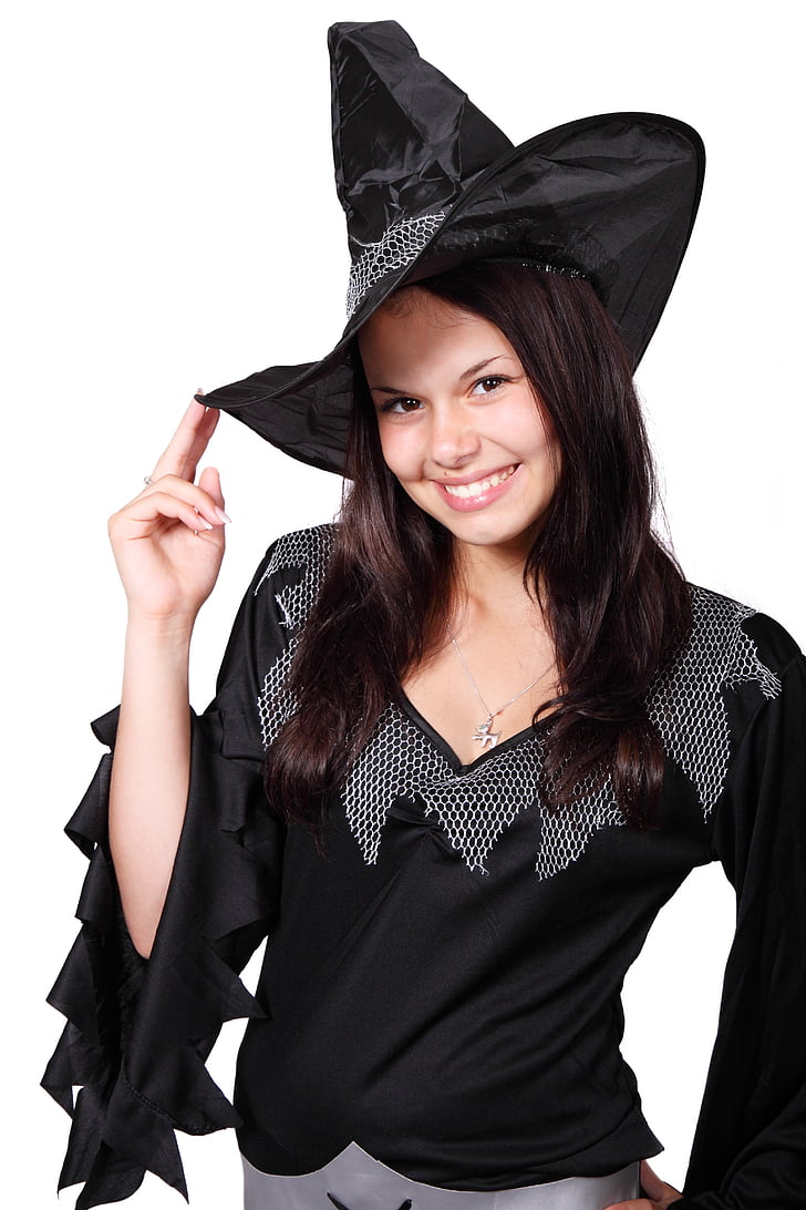 woman, wearing, witch, standing, smiling, halloween, Adult
