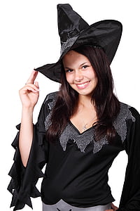 nő, viselése, boszorkány, állandó, mosolyogva, Halloween, felnőtt