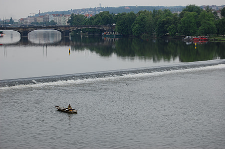 Prague, pêcheur, Vltava, Panorama, rivière