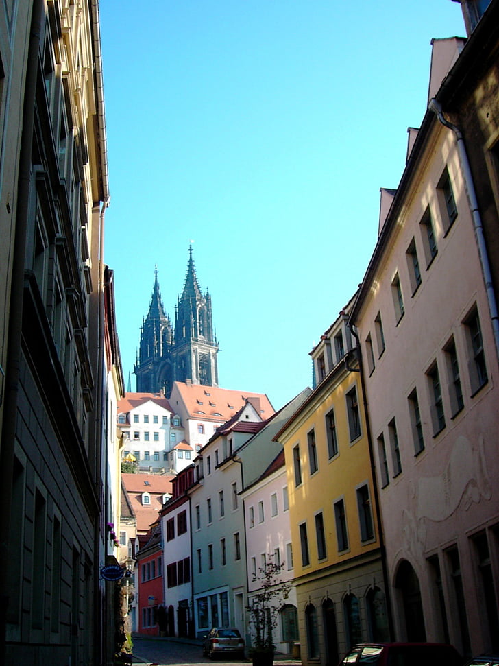 meissen, dom, towers, alley, row of houses, saxony
