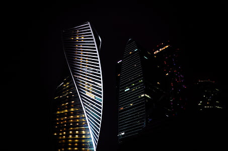 black, whirled, building, nighttime, skyscraper, night window, city