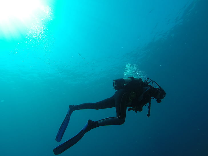 plongeur, mer, bulles, bleu, marin, bouteilles, plongée sous-marine