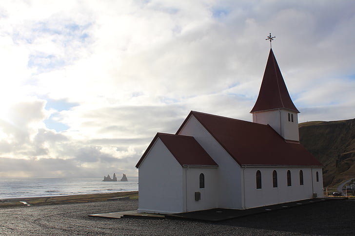 Islande, baznīca, lūgšanu namus, debesis, jūra, zila