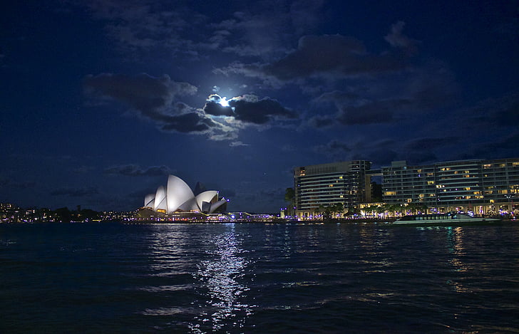 noční, Austrálie, přístav, orientační bod, Já?, Architektura, známé místo