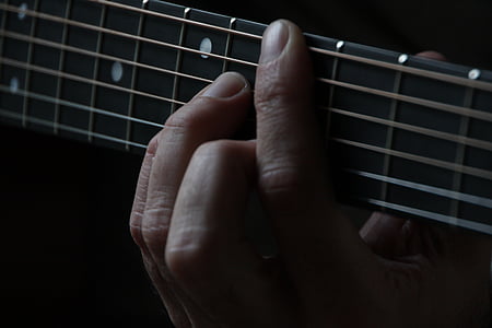 akustisko, basu, pirksti, fret, žēlošanās, ģitāra, roka