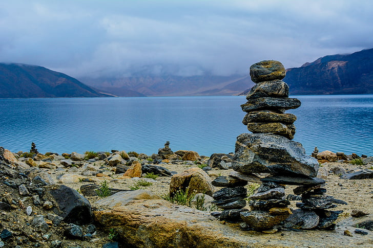 stones, pile, heap, lake, mountains, landscape, rock