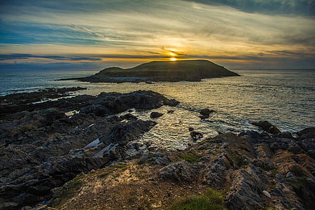 tramonto, oceano, un'isola, rocce, Galles, Inghilterra, nube - cielo