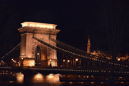 Boedapest, brug, 's nachts, Kettingbrug, nacht, brug - mens gemaakte structuur, beroemde markt