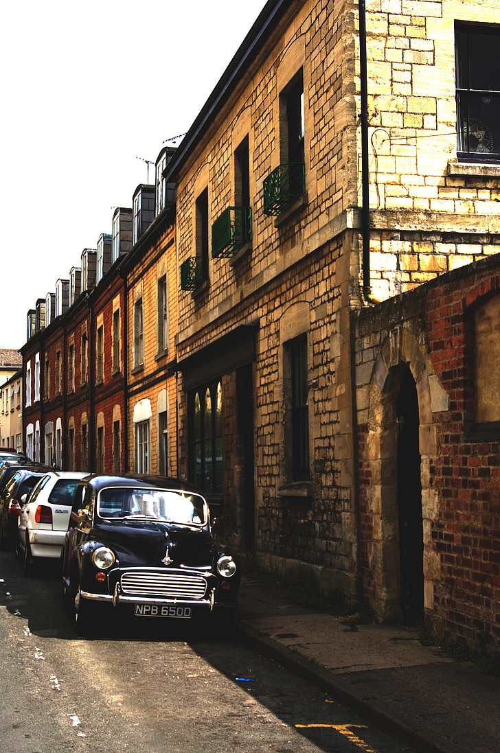 Morris minor, coche, calle, terraza, Inglaterra