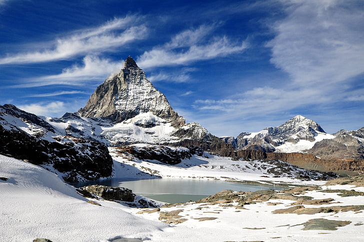 Zermatt, Matterhorn, Hora, Alpy, Hora matterhorn, Zimní, Švýcarsko