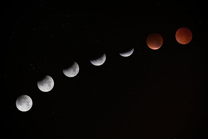 eclipse, lunar, lunar eclipse, moon, phases, sky, space