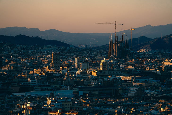 Barcelona, architecturale, het platform, kunst, attractie, achtergrond, blauw