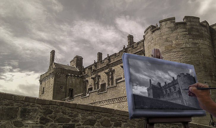 sterling castle, castle, sky, clouds, easel, hand, draw