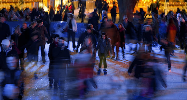 skating, night, winter, london, kensington, blurred motion, large group of people