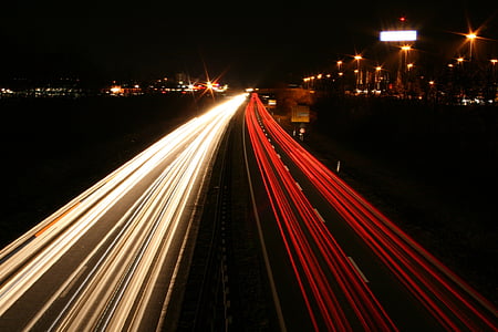 larga exposición, autos, luces, carretera, noche, luz, tráfico