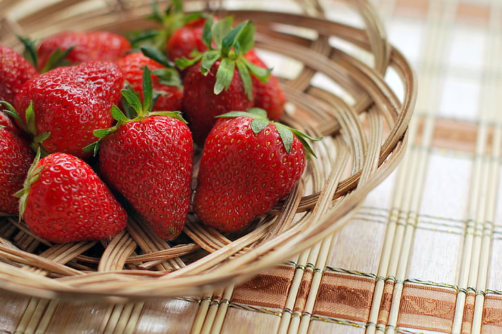 jordbær, bær, rød, bolle, kurv, frisk, naturlig