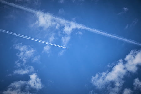sky, aircraft, boeing, contrail, clouds, fly, aircraft noise