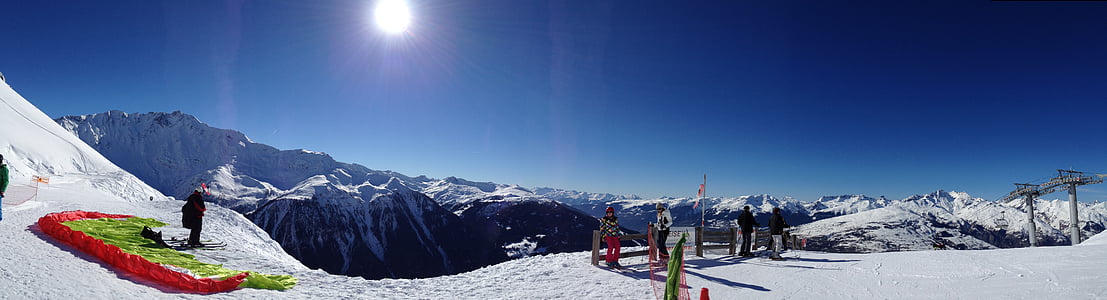 Ski, berg, sneeuw, panoramisch, weergave, paragliding, landschap