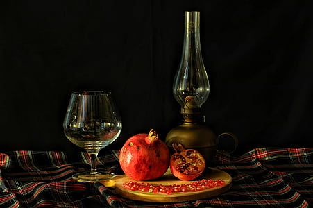 pomegranate, table, glass, lamp, texture, scotland, black background