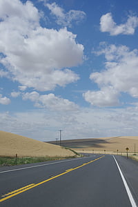 road, highway, distance, future, horizon, landscape, clouds