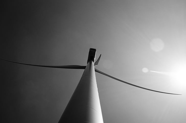 lens flare, windmills, light, blade, fog, monochrome, black and white
