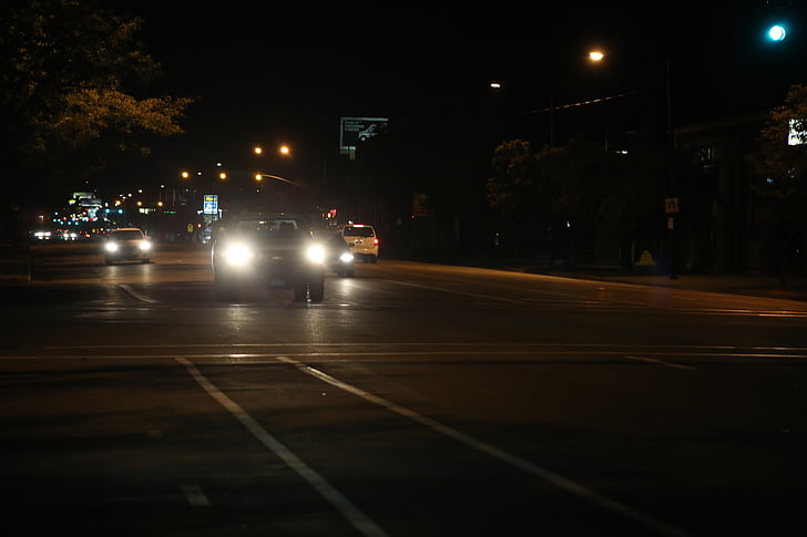 bil, natt, strålkastare, transport, trafik, lampor, bilar