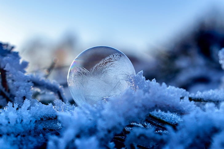 soap bubble, frozen, frozen bubble, winter, landscape, ripe, cold