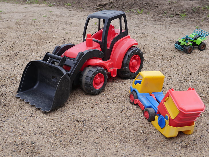 játékok, traktor, műanyag, játék, homok, fiú, építési