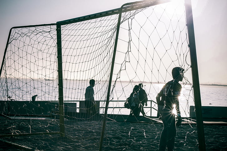 beach, football, goal, goalie, goalkeeper, net, people