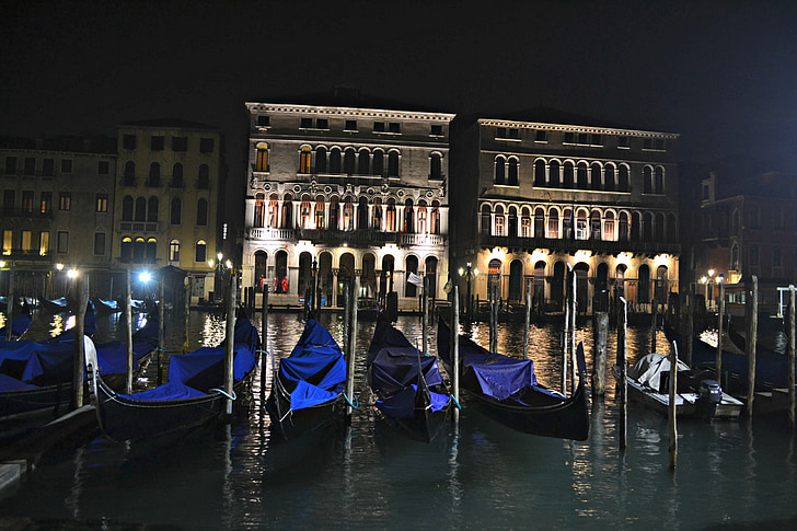 Benátky, noční, město, osvětlené, budova, Gondola, historické
