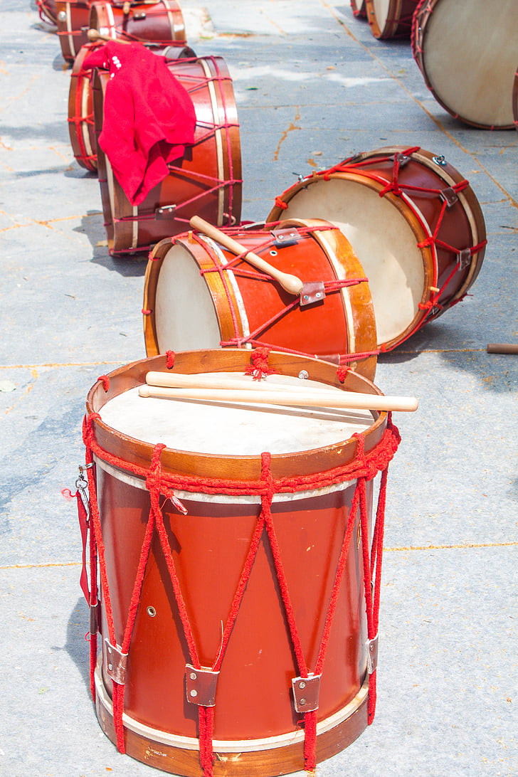 muziek, drums, rood, hout, touw