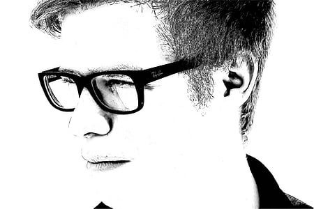 grayscale, photo, man, wearing, glasses, boy, face