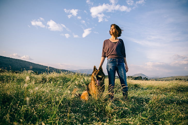 woman, dog, green, grass, field, rural, one animal