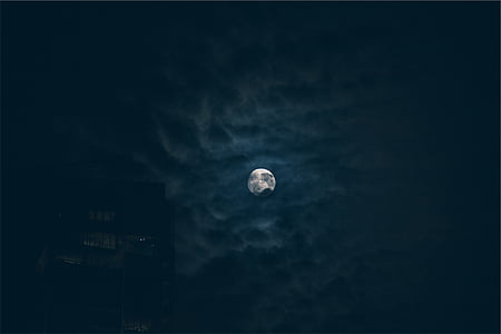 siluetas, pastatas, pilnas, mėnulis, naktį, dangus, tamsus
