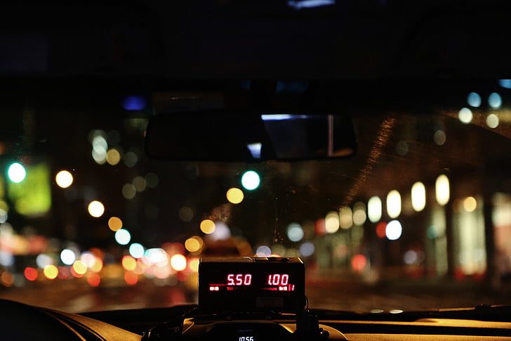 cab, colorful, colors, dashboard, lights, mirror, night