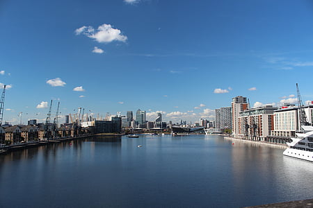 london, skyline, water, city, skyscrapers, port, united kingdom
