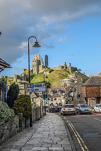 corfe castle, england, sky and clouds, street, buildings, cars, clouds