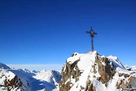 alpine, snow, alpine panorama, summit cross, sky, blue, holiday