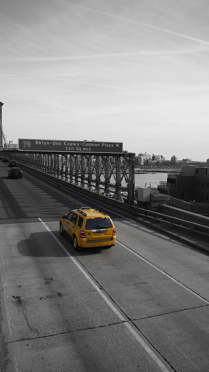 taxi, bridge, road, black and white, city, sky, car