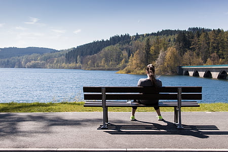 person, sitting, bench, front, body, water, daytime