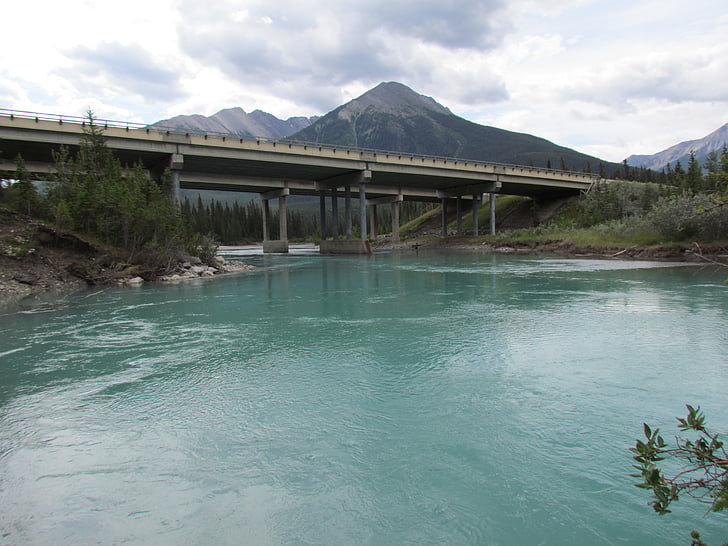 river, canada, mountain, water courses, landscape, ice, bridge