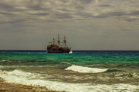 ship, sea, waves, sailboat, cruise, cloudy, weather