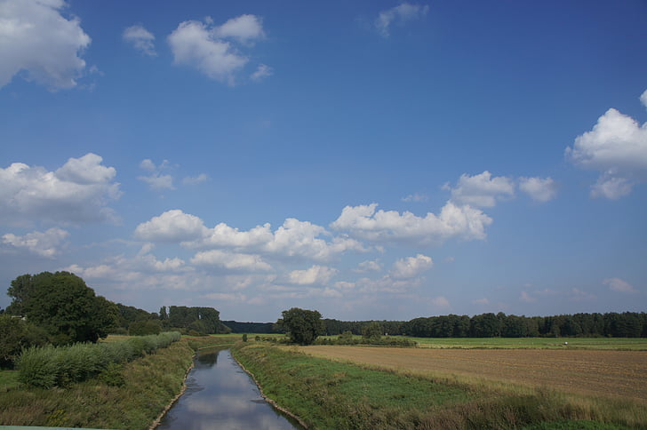 krajina, modrá, mraky, pole, léto