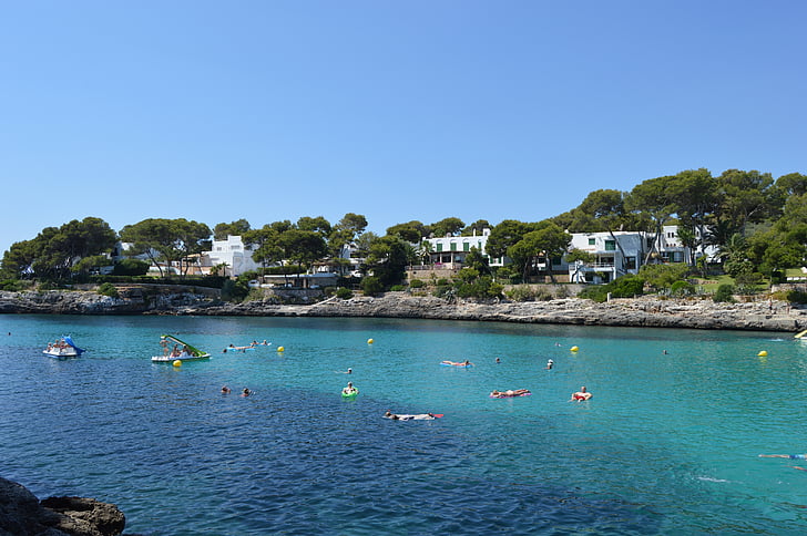 Mallorca, Cala gran, Cala d'or, Yaz, insanlar sweeming, Deniz, Bay