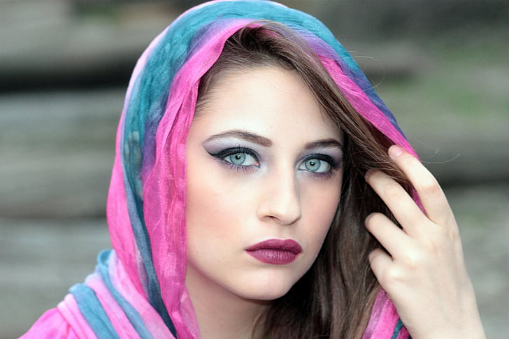 jente, skjerf, Cover, orientalsk, blå øyne, fargestoffer, skjønnhet